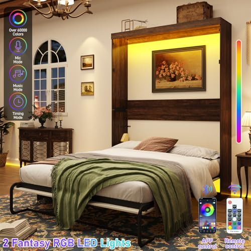 Queen Size Murphy Bed with LED Lights, Foldable Wall Bed Frame with Storage W669