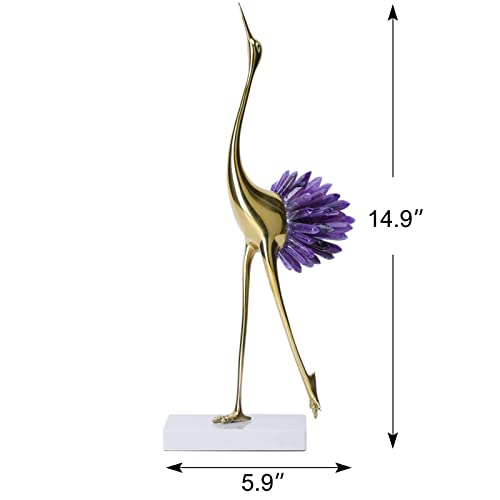 Gold Crane Bird Statue with Crystal Tail Accents, Brass Figurine for Home Decor E1797