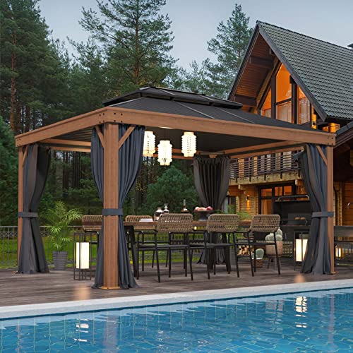 12x20 ft Hardtop Gazebo Double Roof Galvanized Steel Canopy Outdoor Aluminum Frame with Netting and Curtains X191579
