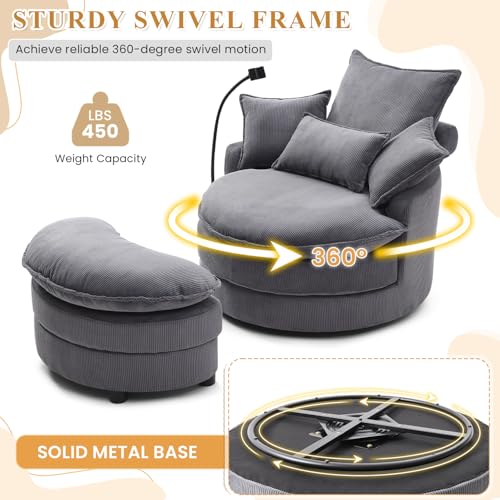 Swivel Barrel Accent Sofa Chair with Phone Holder & Storage Ottoman, 360 Degree Corduroy, Beige A36232