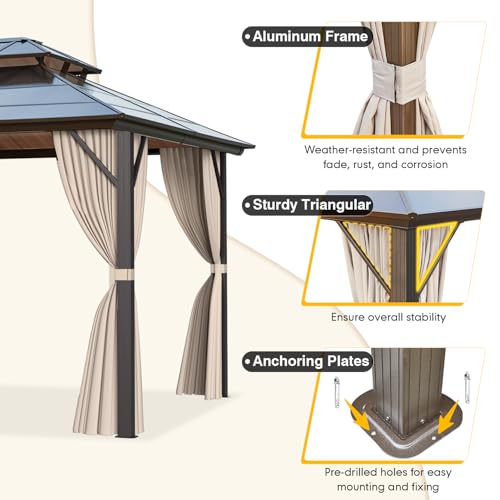 10x13 Hardtop Gazebo with Polycarbonate Double Roof, Aluminum Frame, Curtains and Netting S2701