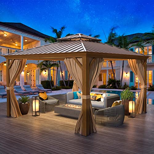12x16 ft Hardtop Gazebo with Double Roof, Curtains and Netting T94173