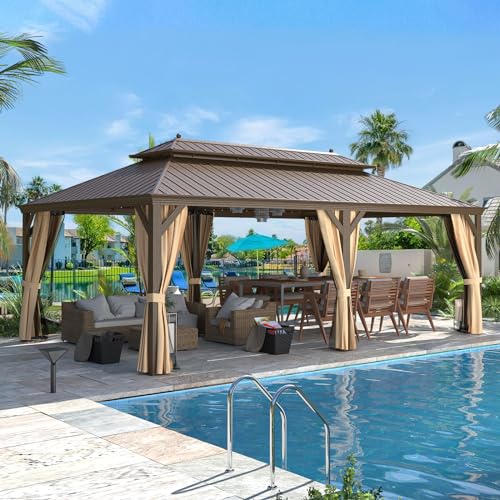 12x16 ft Hardtop Gazebo with Double Roof, Curtains and Netting T94173