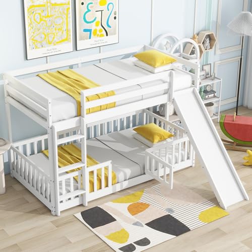 Twin Over Full Size Wooden Bunk Bed with Slide and Storage Stairs N394