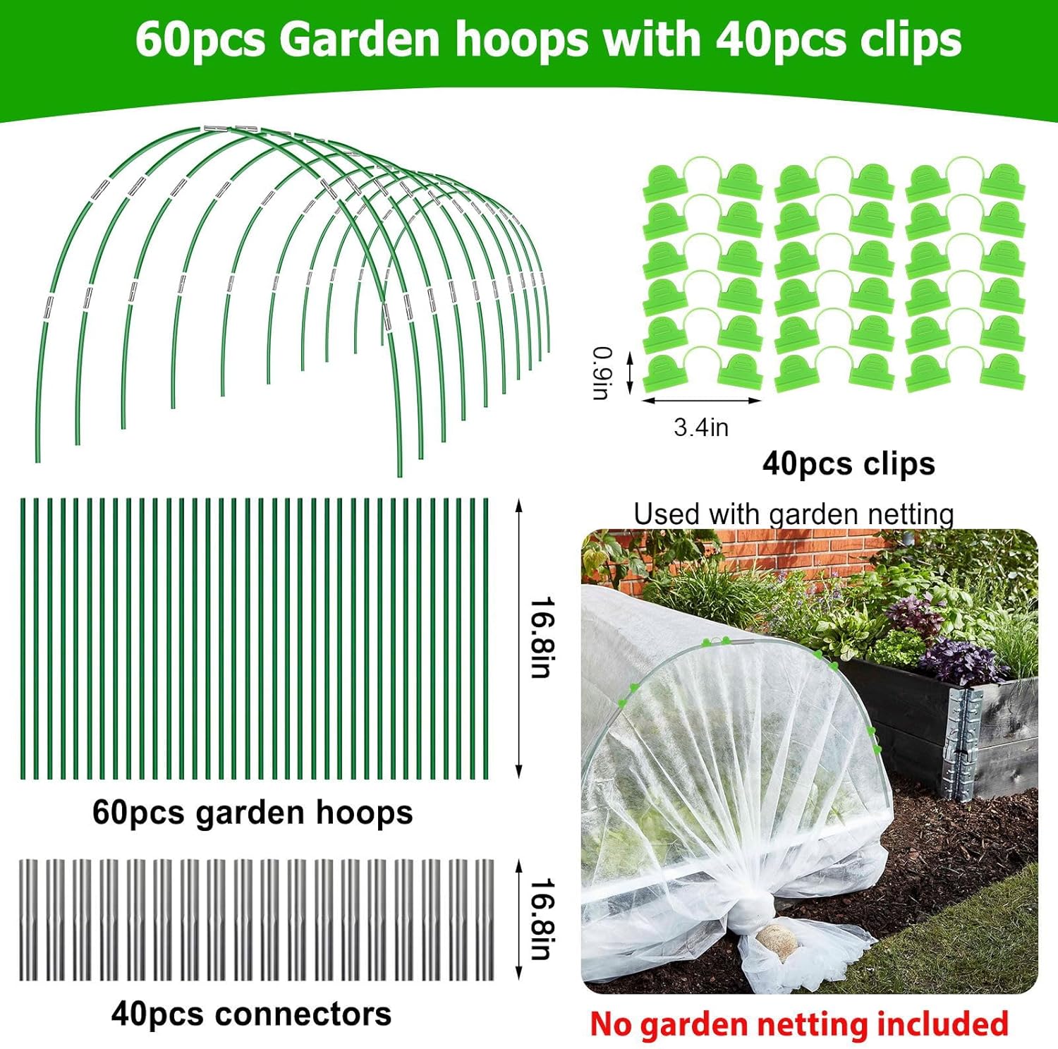Garden Hoops for Raised Beds, 8ft Greenhouse Grow Tunnel with Clips K5233