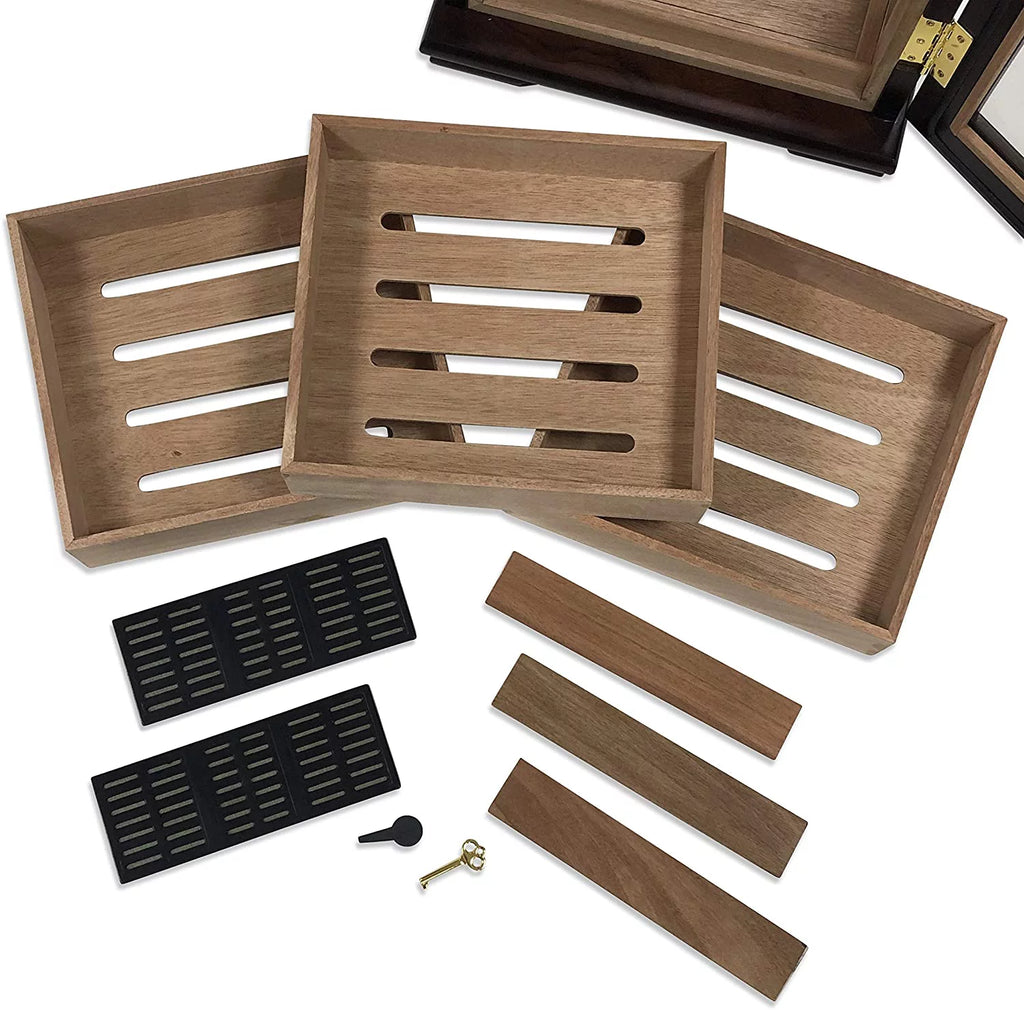 Countertop Display Cigar Humidor with 4 Glass Sides & Angled Trays, 125 Cigar Capacity Q5289