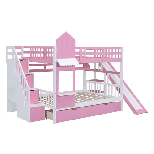 Kids Bunk Bed with Stairs and Slide, Twin Over Twin, Gray O540