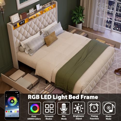 Queen Bed Frame with Tall Headboard, Velvet Upholstered, 4 Storage Drawers Y5950