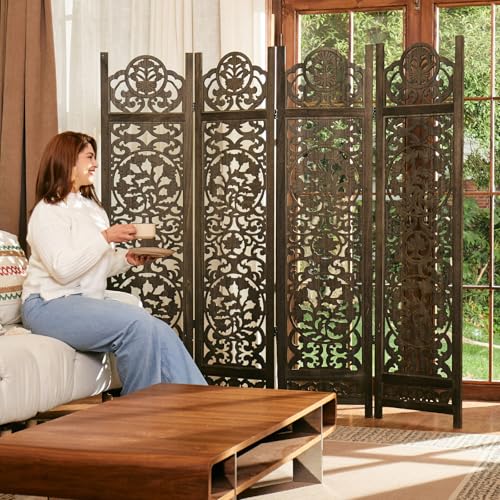 Wood Carved Room Divider 4 Panel Folding Partition Screen X503933