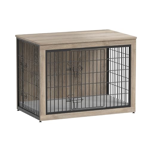 Dog Crate Furniture with Cushion, Heavy-Duty Metal Mesh, Wooden End Table with Double Doors, Indoor Kennel for Small Breed, Grey M3321