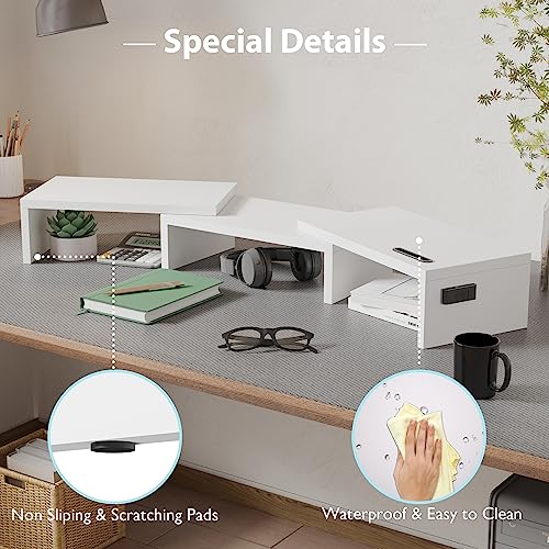 Dual Monitor Stand Riser with Smartphone Holder, Adjustable Wooden Desk Organizer B984