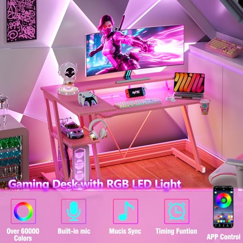 L Shaped Gaming Desk with Power Outlet and LED Lights Y52619