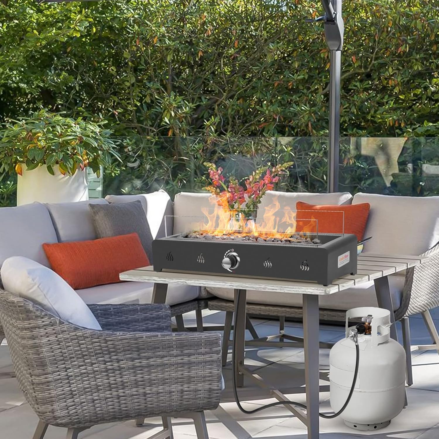 28 Inch Tabletop Gas Fire Pit with Glass Wind Guard and Lava Rock V462502