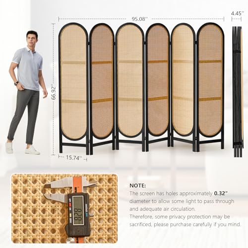 Foldable Wooden Room Divider, Hand-Woven Rattan Privacy Screen Q240970