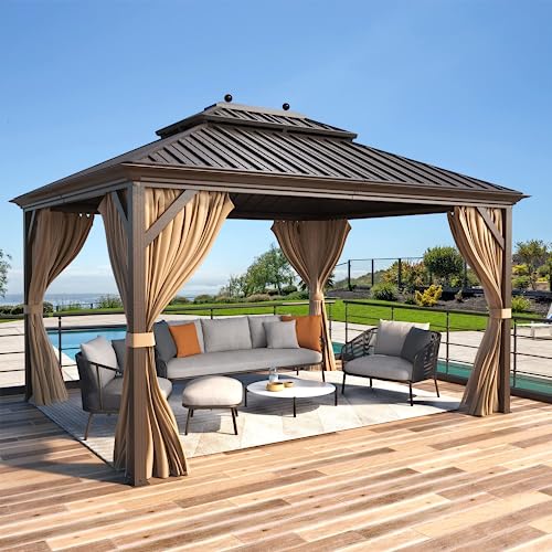 12x16 ft Hardtop Gazebo with Double Roof, Curtains and Netting T94173