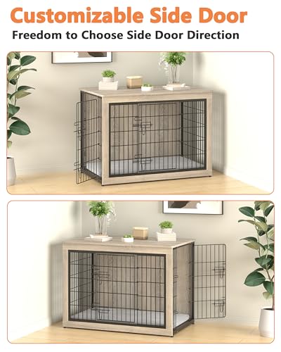 Dog Crate Furniture with Cushion, Heavy-Duty Metal Mesh, Wooden End Table with Double Doors, Indoor Kennel for Small Breed, Grey M3321