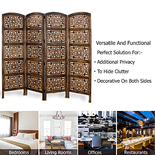 4 Panel Folding Wood Room Divider, Antique Brown, 72 x 80 P209