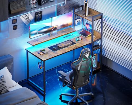 Reversible Gaming Desk with USB Charging Port and LED Lights, 40 Inch Computer Desk with Storage Shelves M571