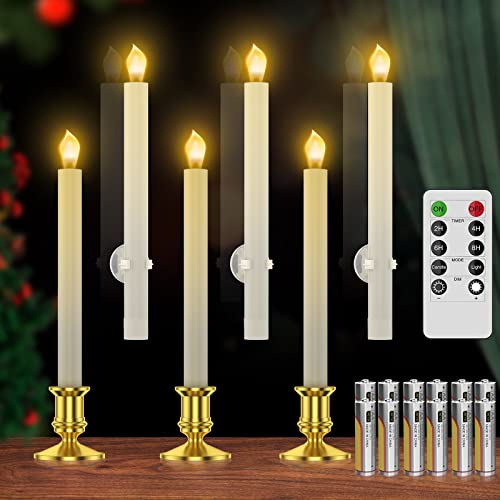 RONXS Window Candles, Flameless Taper Candles with Timer, Christmas Home Wedding Decor Battery Operated Flickering LED Candles with Remote Controls, Glod Candle Holders (B-6pcs Gold)