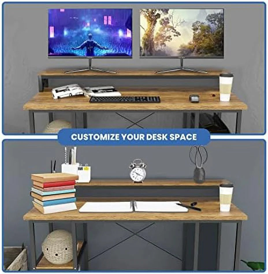 Industrial Computer Desk with Monitor Shelf, 55 Inch, Walnut and Black O381