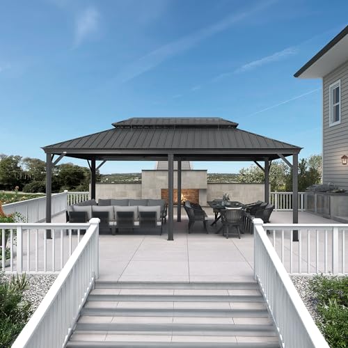 10' x 14' Permanent Hardtop Gazebo with Galvanized Steel Double Roof, Curtains and Netting Included M871
