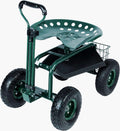 Steerable Garden Stool Cart with Tool Tray and Storage Basket on Wheels Rolling Work Seat Heavy Duty Scooter with Extendable Steer Handle Green