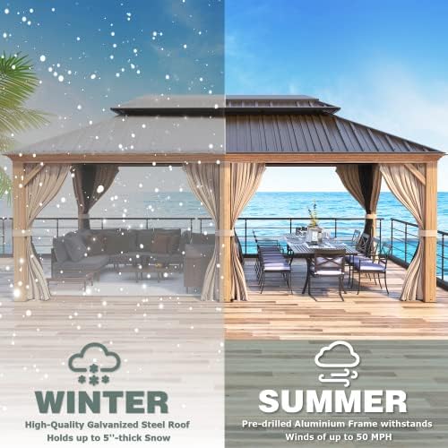 12x16 ft Hardtop Gazebo with Double Roof, Curtains and Netting T94173