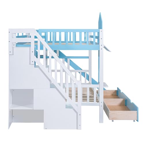 Twin Over Twin Bunk Bed with Stairs and Slide, Solid Wood Frame with Storage B8483