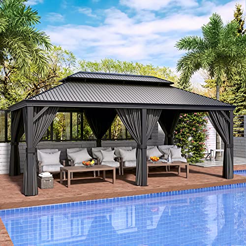 10 x 12 ft Hardtop Gazebo with Netting and Curtains for Patio, Deck, Backyard X60892
