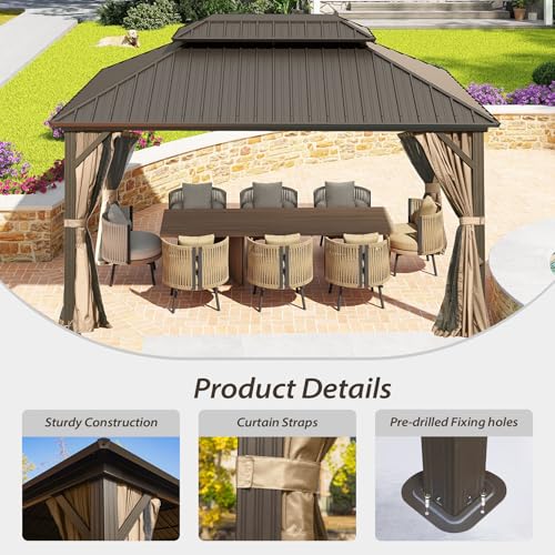 10 x 10 ft Hardtop Gazebo with Netting and Curtains, Galvanized Steel Roof for Patio K80436