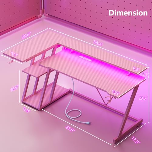 L Shaped Gaming Desk with Power Outlet and LED Lights Y52619
