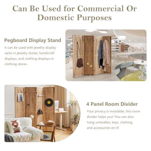 Wooden Pegboard Room Divider with Folding Privacy Screen, 5.6Ft, Light Brown D937870