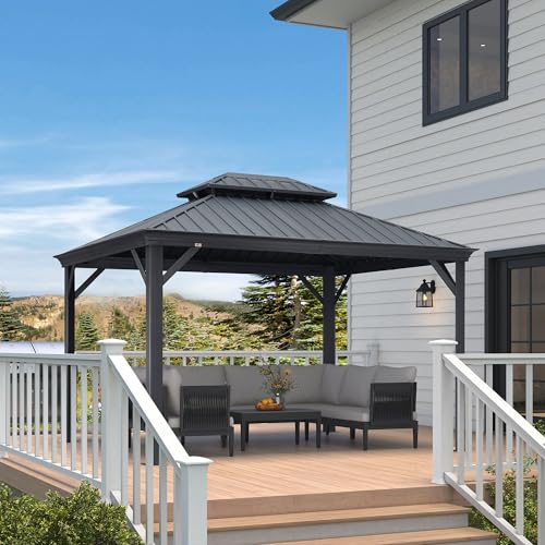 10' x 14' Permanent Hardtop Gazebo with Galvanized Steel Double Roof, Curtains and Netting Included M871