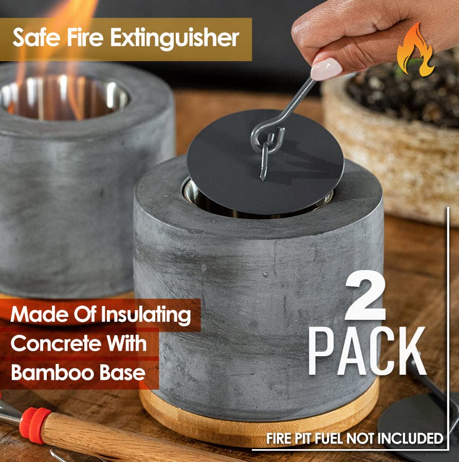 Concrete Tabletop Fire Pit with Bamboo Base and Roasting Forks A8178