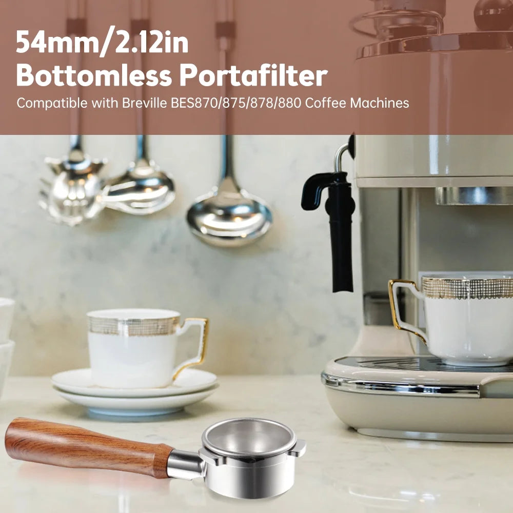 54mm Stainless Steel Bottomless Portafilter with Wood Handle Z534
