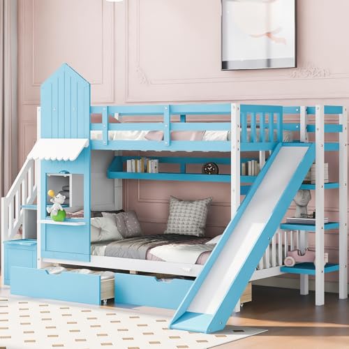Twin Over Twin Bunk Bed with Stairs and Slide, Solid Wood Frame with Storage B8483