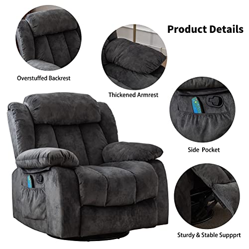 Massage Swivel Rocker Recliner Chair with Heat and Vibration, Grey M1757