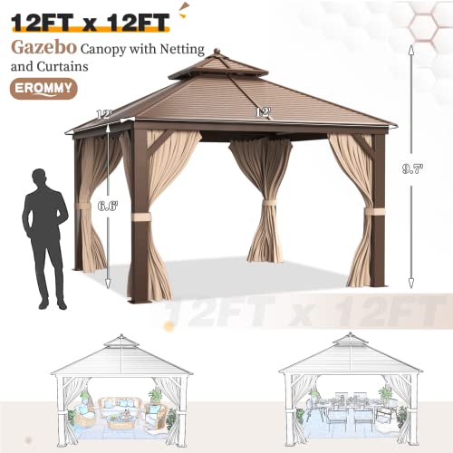 12x20 ft Hardtop Gazebo Double Roof Galvanized Steel Canopy Outdoor Aluminum Frame with Netting and Curtains X191579