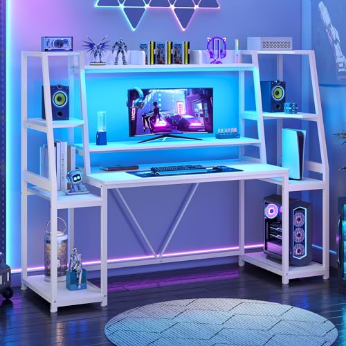 Gaming Desk with LED Lights, Hutch and Storage Shelves, Black O742