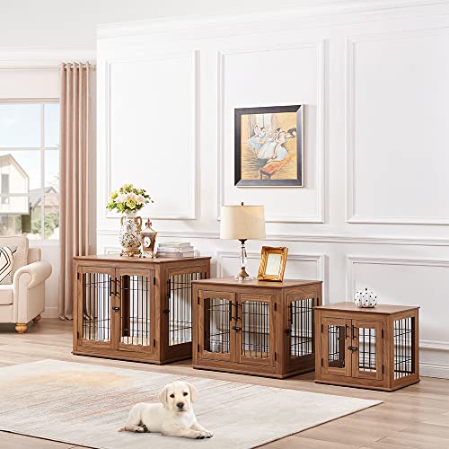 Wooden Dog Crate End Table with Double Doors and Pet Bed E595686
