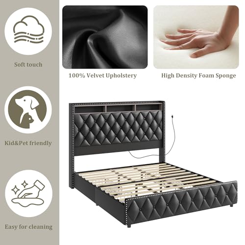 Queen Bed Frame with Tall Headboard, Velvet Upholstered, 4 Storage Drawers Y5950