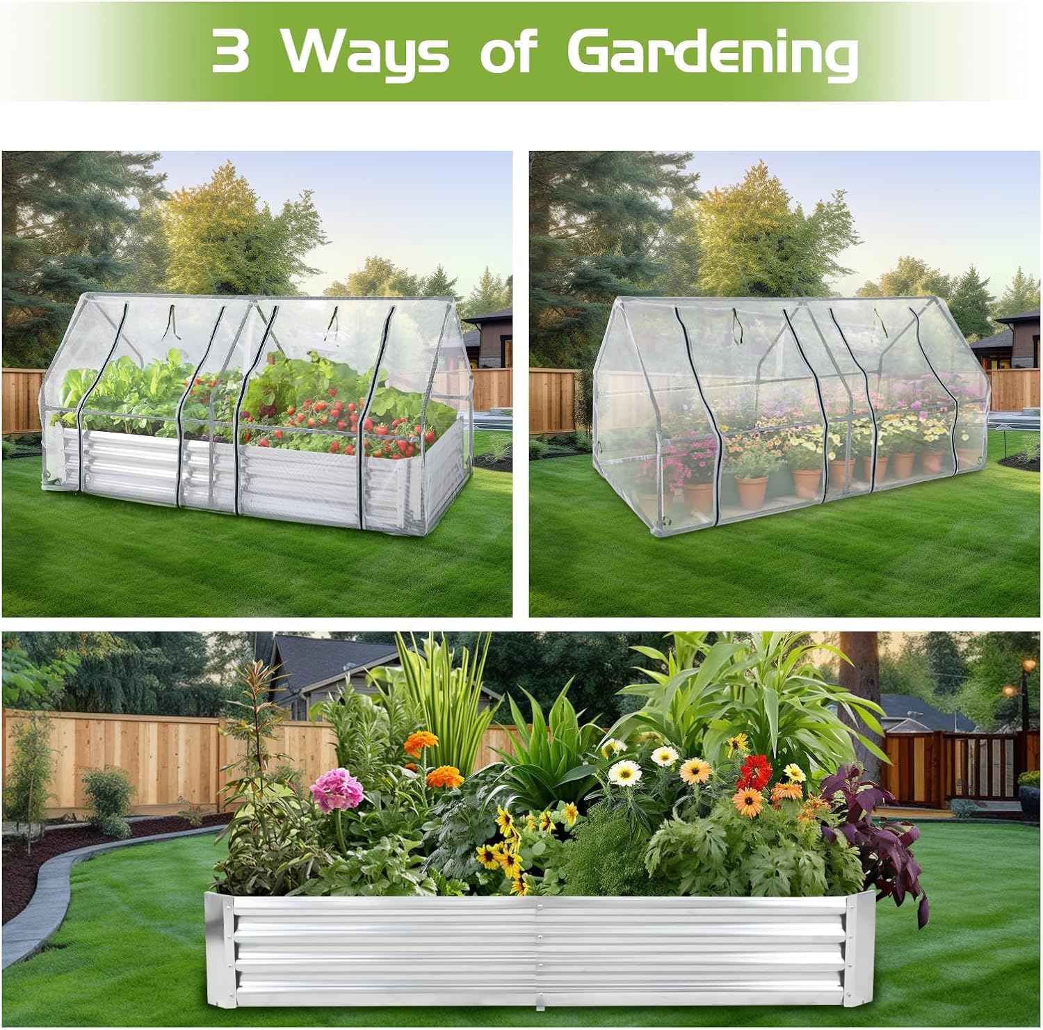 Galvanized Raised Garden Bed with Greenhouse Cover, 6x3x3FT B977