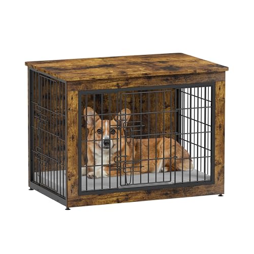 Dog Crate Furniture with Cushion, Heavy-Duty Metal Mesh, Wooden End Table with Double Doors, Indoor Kennel for Small Breed, Grey M3321