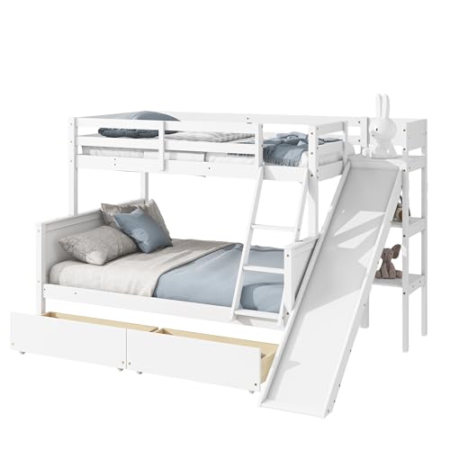 Twin Over Full Size Wooden Bunk Bed with Slide and Storage Stairs N394