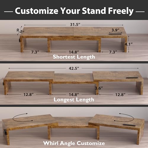 Dual Monitor Stand Riser with Smartphone Holder, Adjustable Wooden Desk Organizer B984