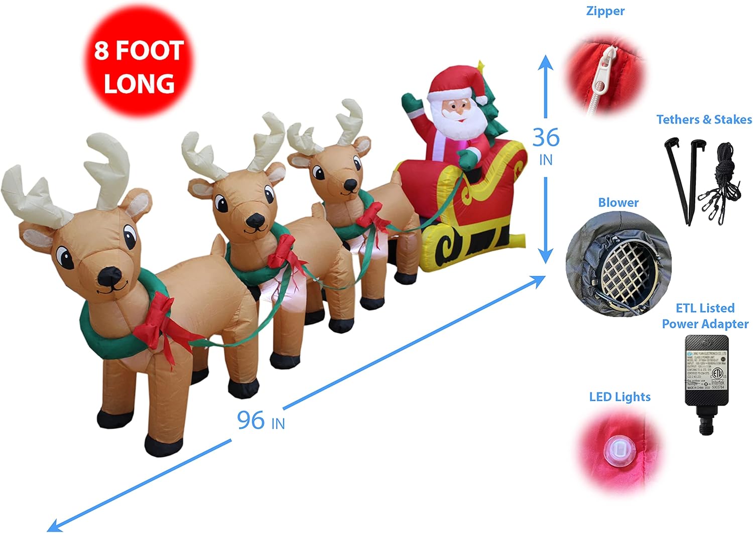 Christmas Inflatable Santa Claus on Sleigh with Reindeer and LED Lights C8501