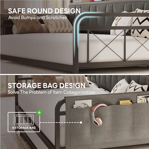Daybed with Trundle Bed, Twin Bed Frame with Storage Headboard and Charging Station, Grey S3738