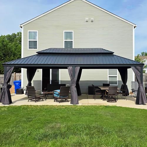 10' x 14' Permanent Hardtop Gazebo with Galvanized Steel Double Roof, Curtains and Netting Included M871