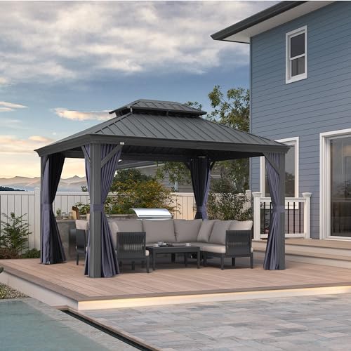 10' x 14' Permanent Hardtop Gazebo with Galvanized Steel Double Roof, Curtains and Netting Included M871