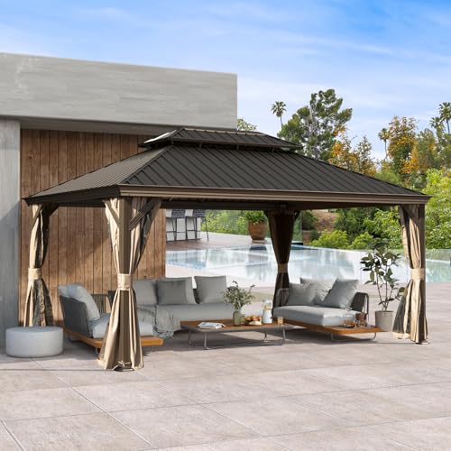 10 x 10 ft Hardtop Gazebo with Netting and Curtains, Galvanized Steel Roof for Patio K80436
